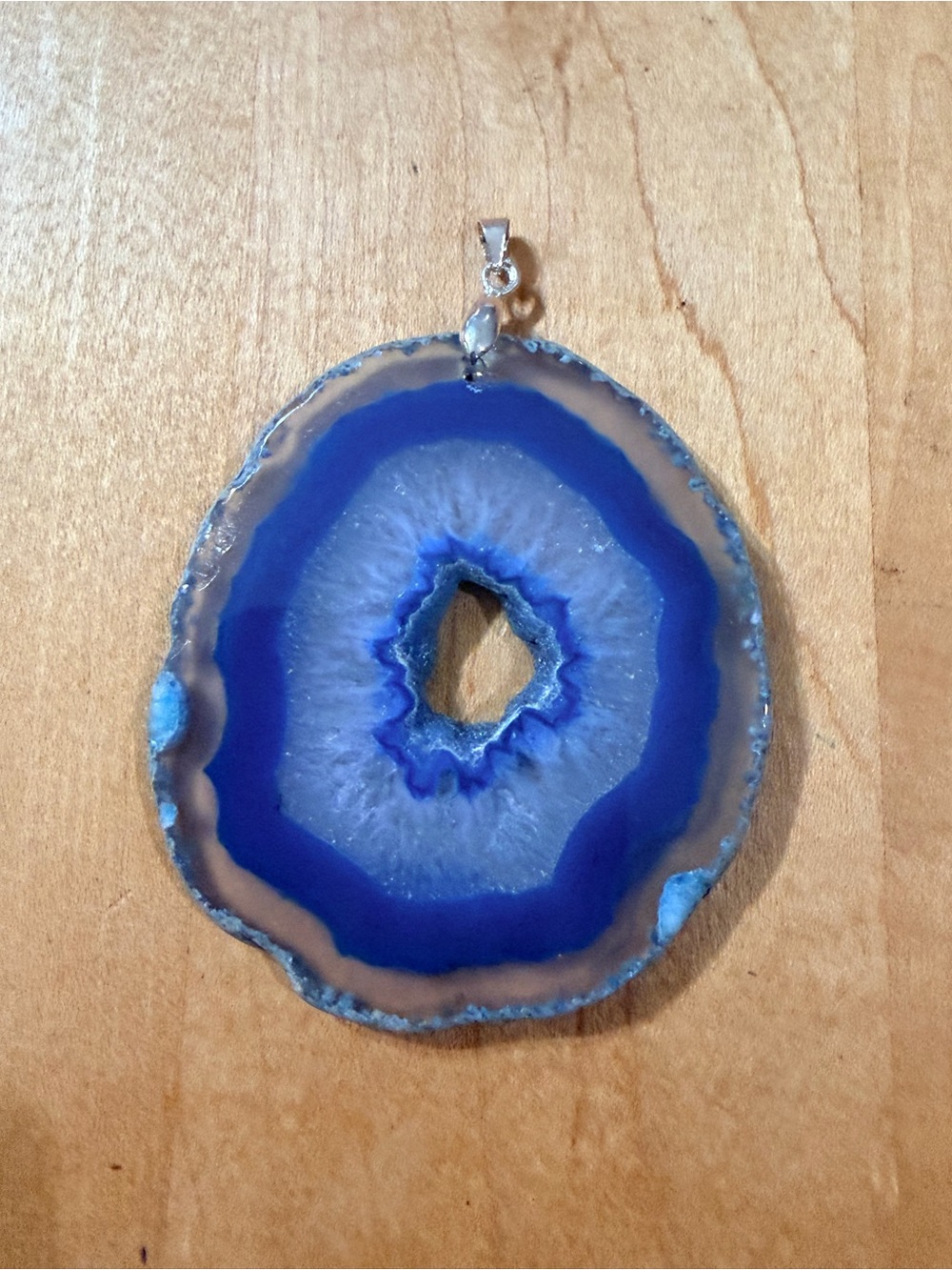 XXL Blue Agate Slice Pendant - Vibrant Blue Stone Necklace